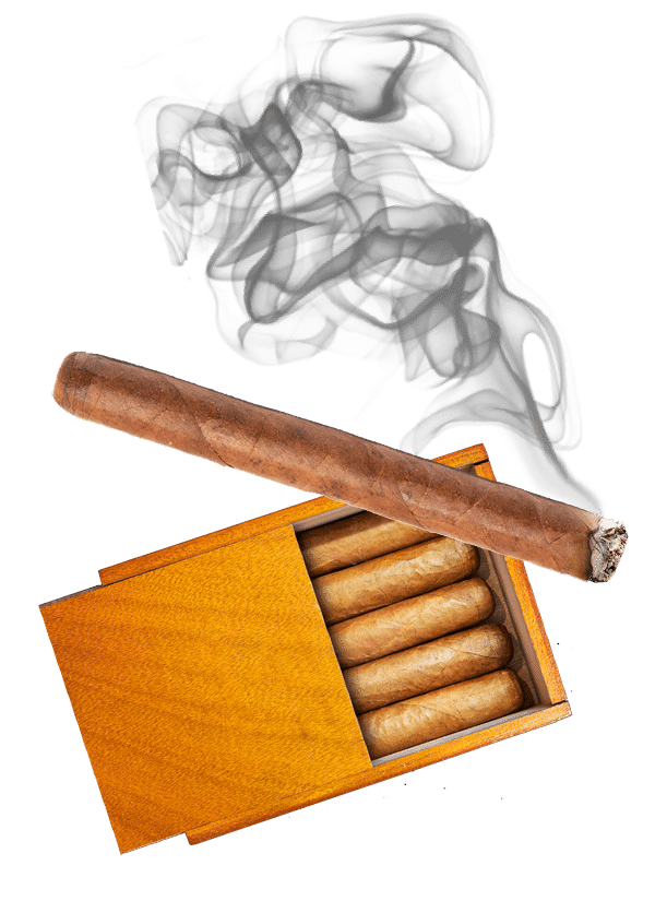Box of cigars featuring a lit cigar smoking.
